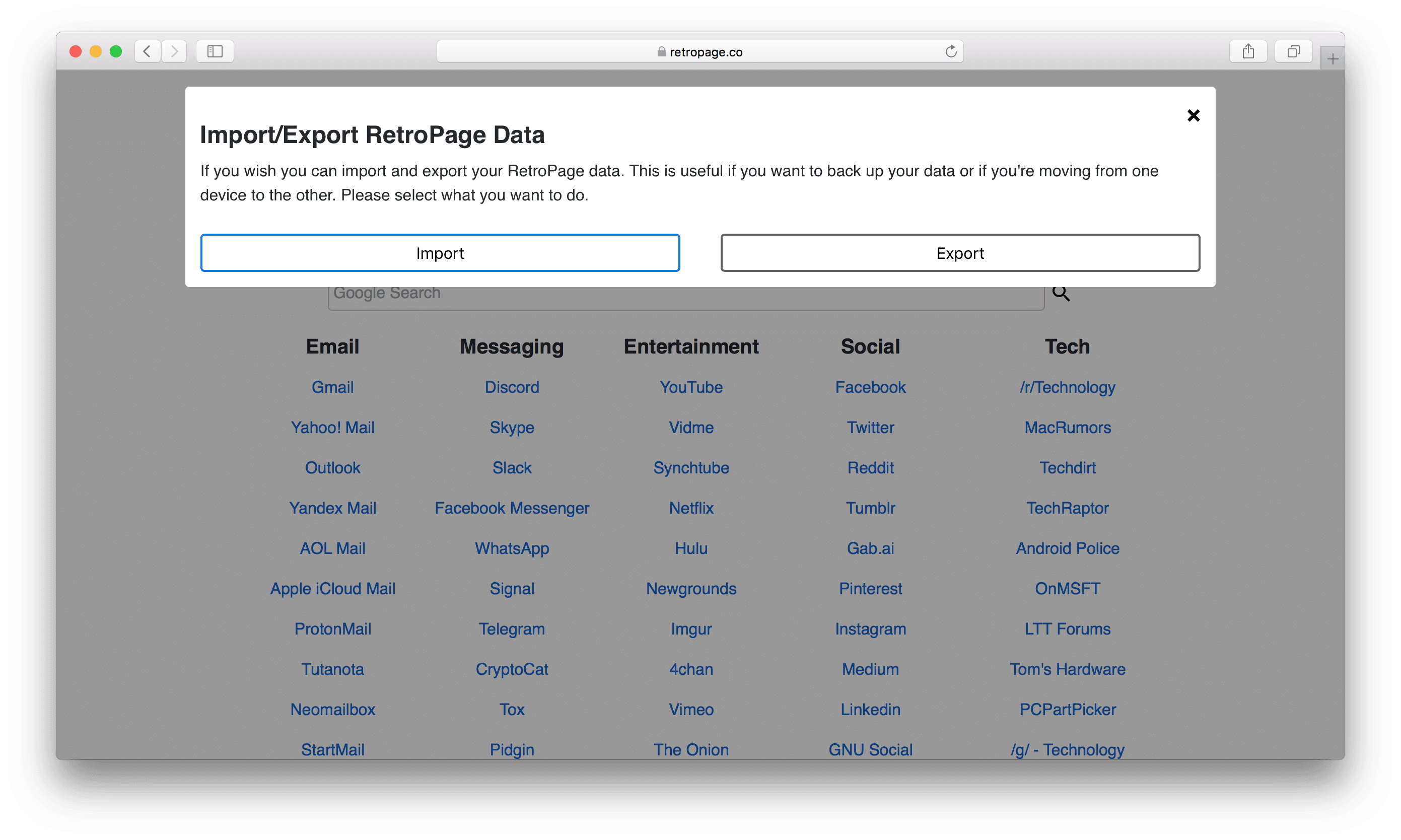 RetroPage import/export options